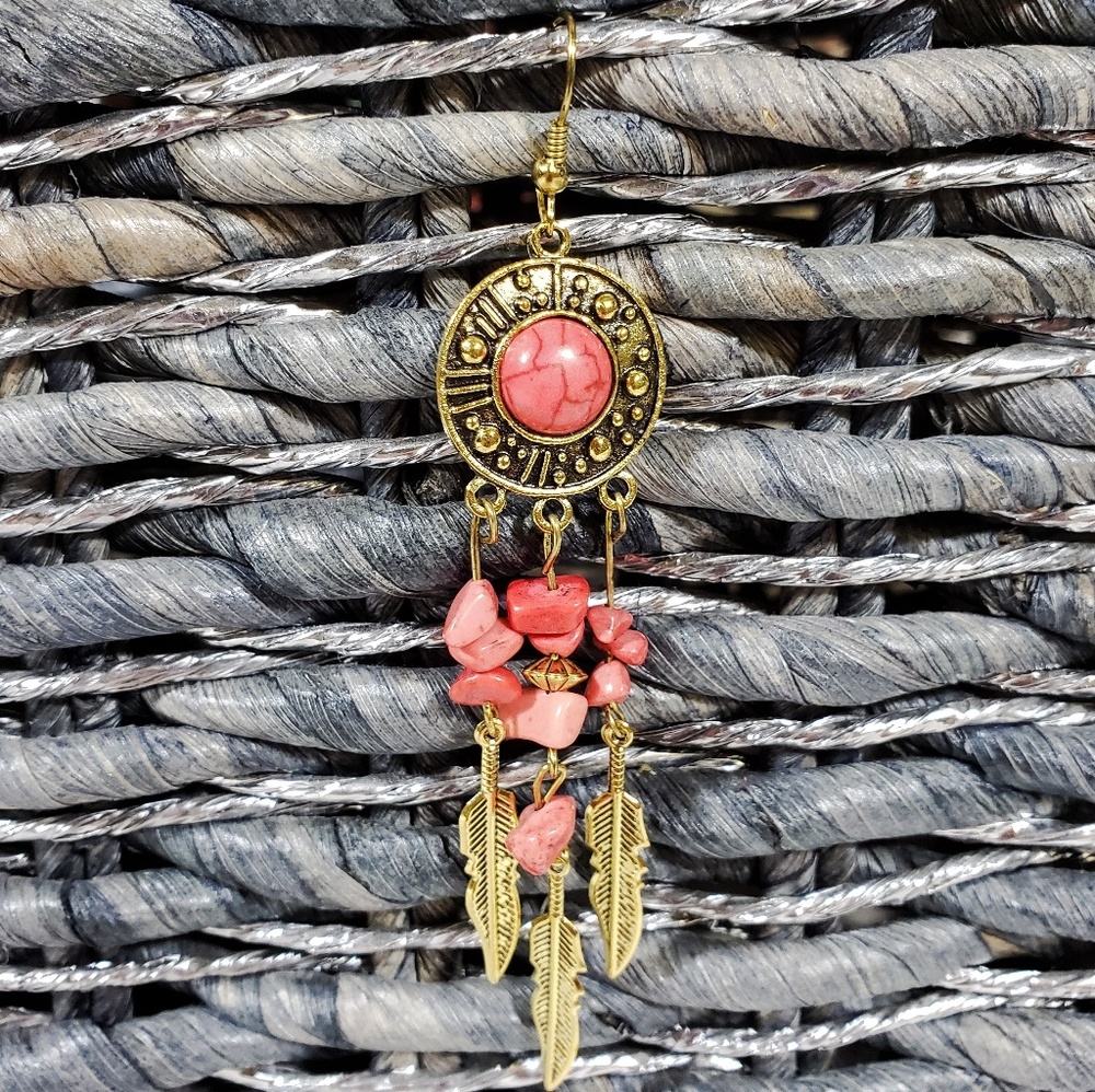 Bohemian Dangle Feather Natural Stone Earri - Picture 7 of 7